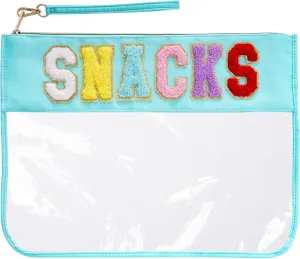 1 PCS Snacks Makeup Tote Bag, Snacks Clear Pouch, Waterproof Snacks Bag for Travel, Snacks Bag Clear Chenille Letter Bags, Multi-purpose PVC Clear Bags with Wrist StrapBlue
