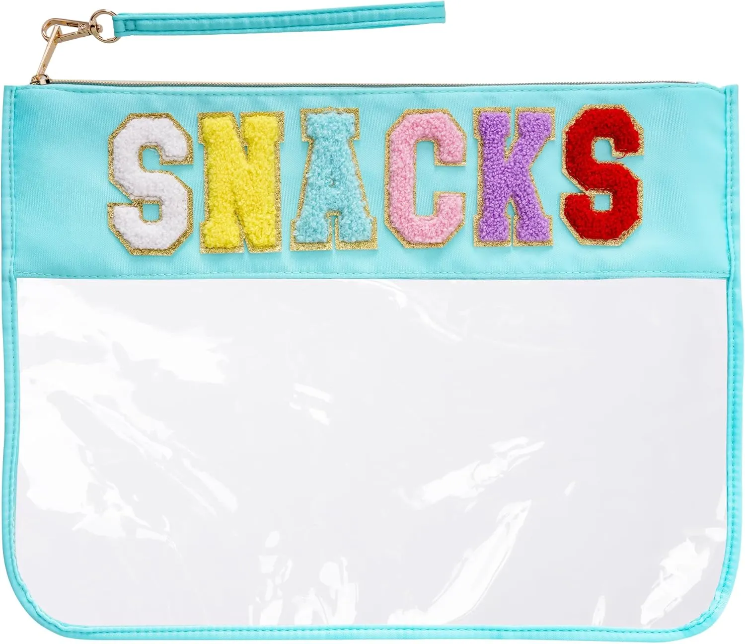 1 PCS Snacks Makeup Tote Bag, Snacks Clear Pouch, Waterproof Snacks Bag for Travel, Snacks Bag Clear Chenille Letter Bags, Multi-purpose PVC Clear Bags with Wrist StrapBlue