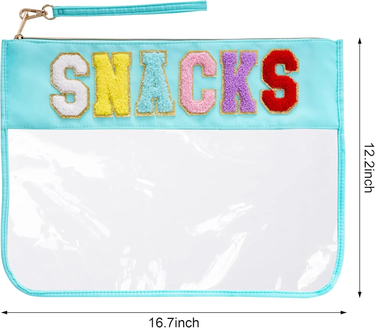 1 PCS Snacks Makeup Tote Bag, Snacks Clear Pouch, Waterproof Snacks Bag for Travel, Snacks Bag Clear Chenille Letter Bags, Multi-purpose PVC Clear Bags with Wrist StrapBlue