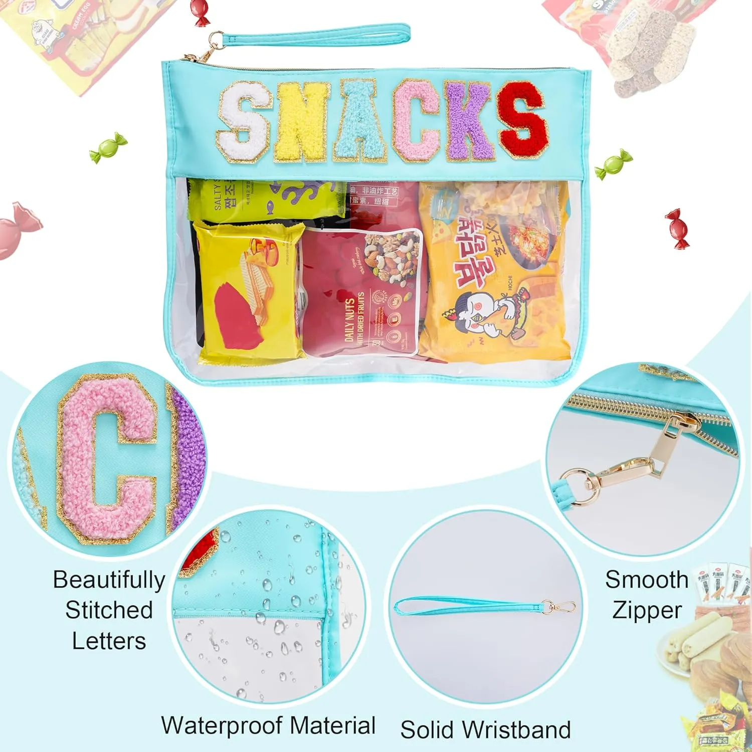 1 PCS Snacks Makeup Tote Bag, Snacks Clear Pouch, Waterproof Snacks Bag for Travel, Snacks Bag Clear Chenille Letter Bags, Multi-purpose PVC Clear Bags with Wrist StrapBlue