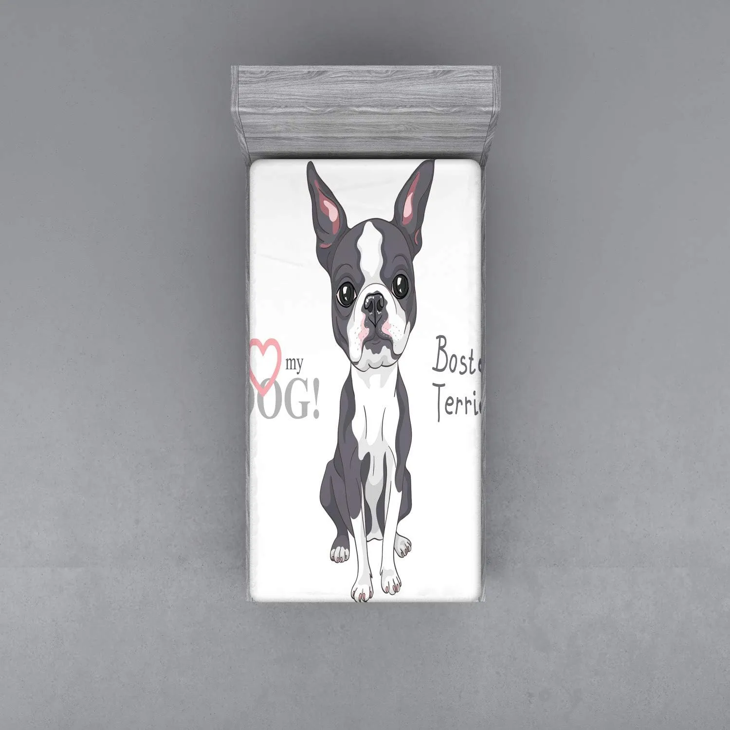 Ambesonne Boston Terrier Fitted Sheet, Naive Puppy Tiny Dog Breed Standing by The I Love My Dog Message, Soft Decorative Fabric Bedding All-Round Elastic Pocket, Twin Size, Pink White