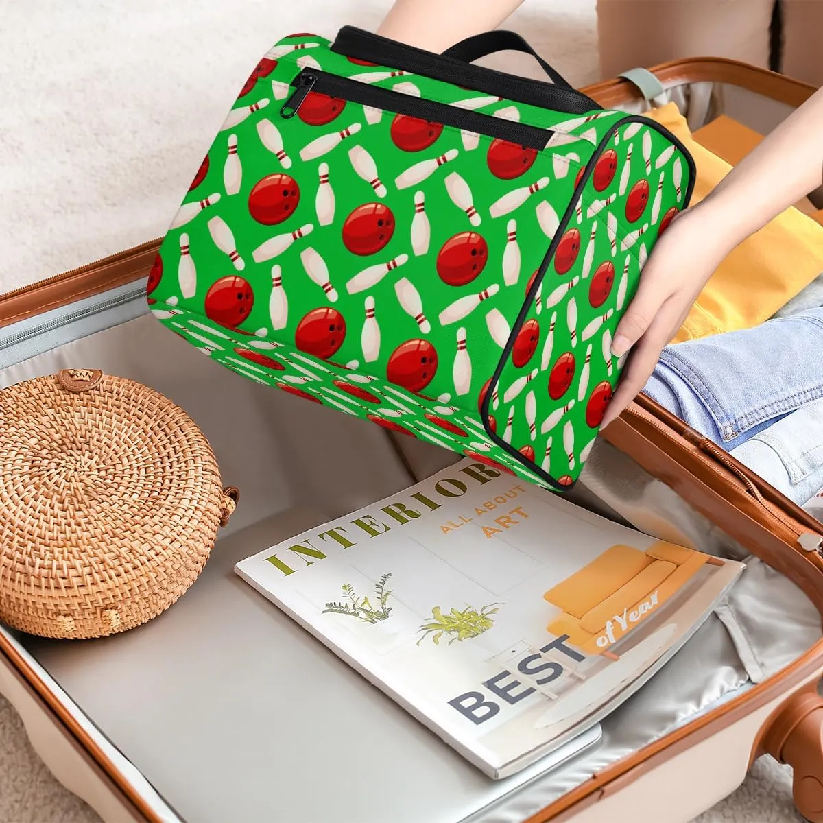 Bowling Ball Large Travel Toiletry Bag for Women, Travel Organizer for Toiletries, Waterproof Makeup Cosmetic Bag with Handle, Green