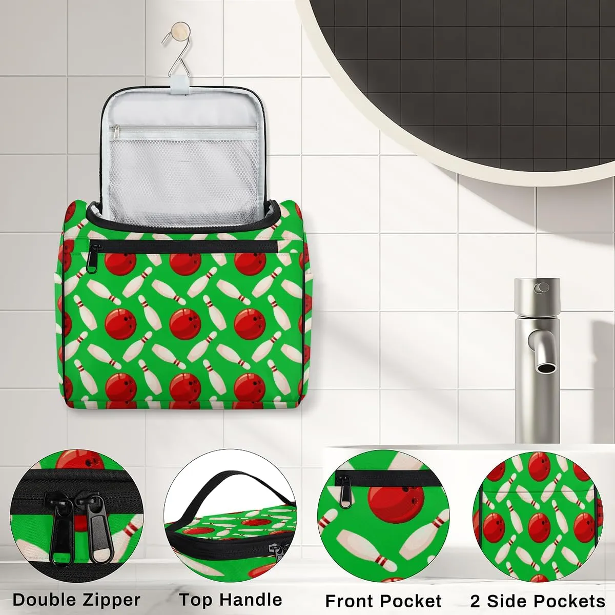 Bowling Ball Large Travel Toiletry Bag for Women, Travel Organizer for Toiletries, Waterproof Makeup Cosmetic Bag with Handle, Green