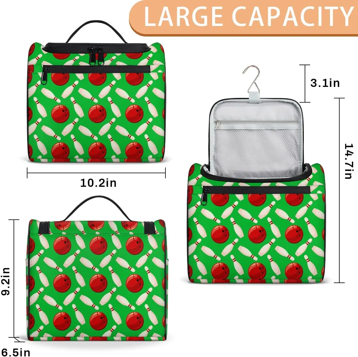 Bowling Ball Large Travel Toiletry Bag for Women, Travel Organizer for Toiletries, Waterproof Makeup Cosmetic Bag with Handle, Green