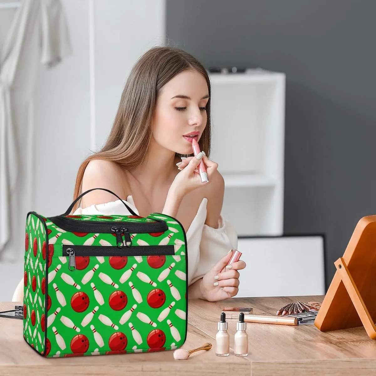 Bowling Ball Large Travel Toiletry Bag for Women, Travel Organizer for Toiletries, Waterproof Makeup Cosmetic Bag with Handle, Green