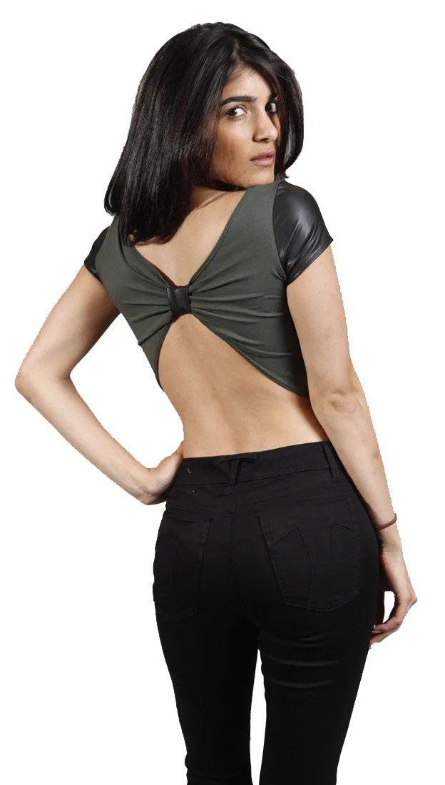 Cheryl Vegan Leather Shortstop Crop Tee in Olive