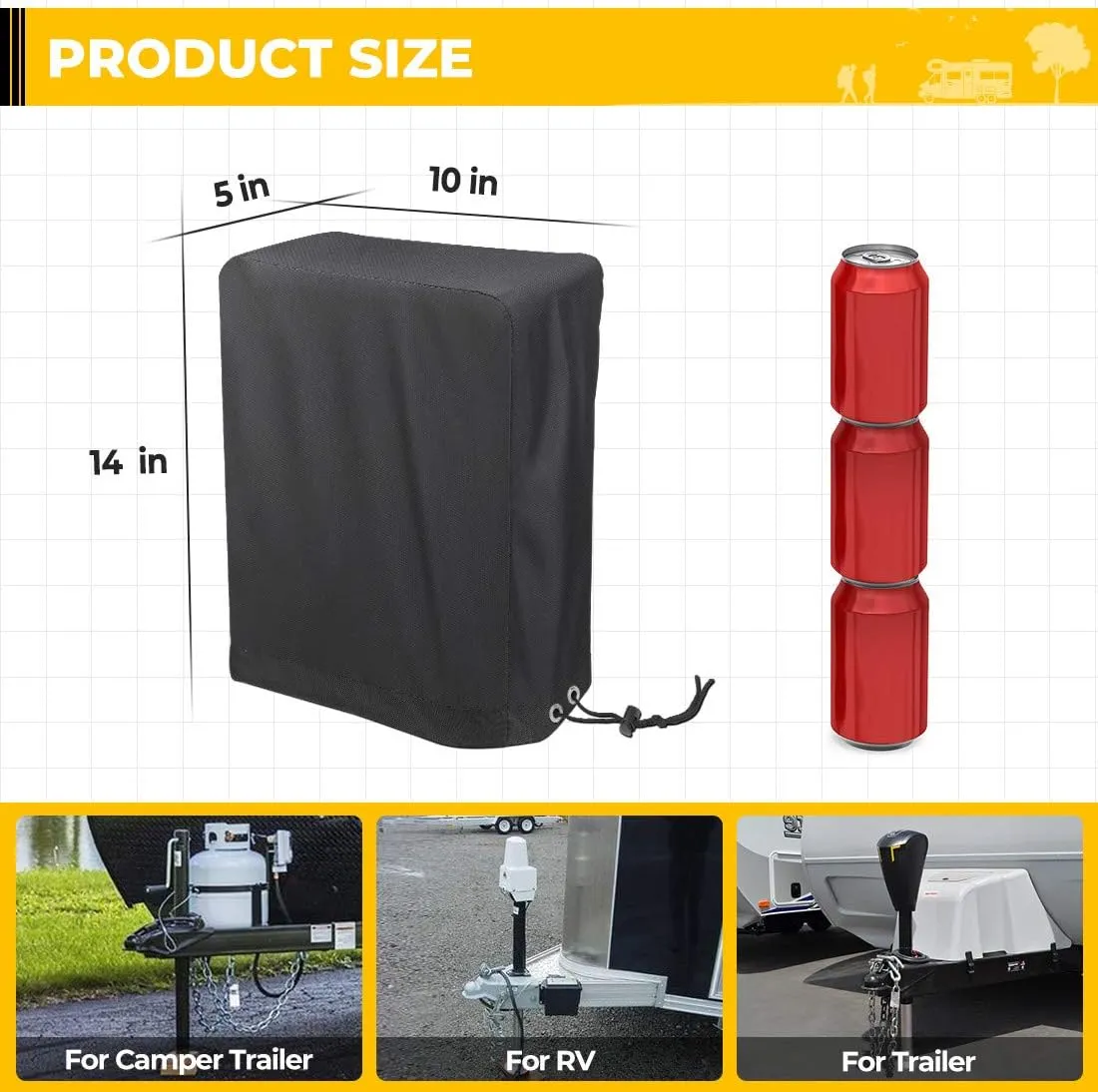 Electric Tongue Jack Cover, BougeRV 600D Universal Trailer RV Electric Tongue Jack Protective Cover (Size 14H x 5W x 10D)