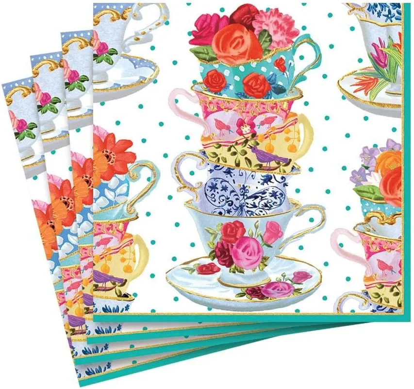 Entertaining with Caspari Luncheon Napkin, Pink Tea Cups, 20-Pack