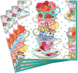 Entertaining with Caspari Luncheon Napkin, Pink Tea Cups, 20-Pack