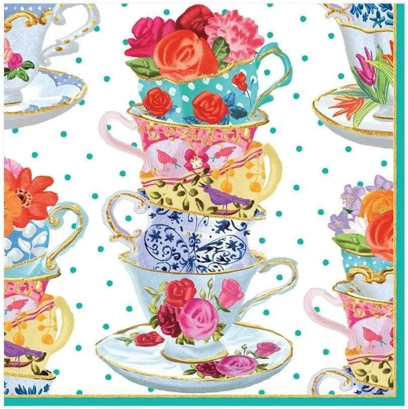 Entertaining with Caspari Luncheon Napkin, Pink Tea Cups, 20-Pack