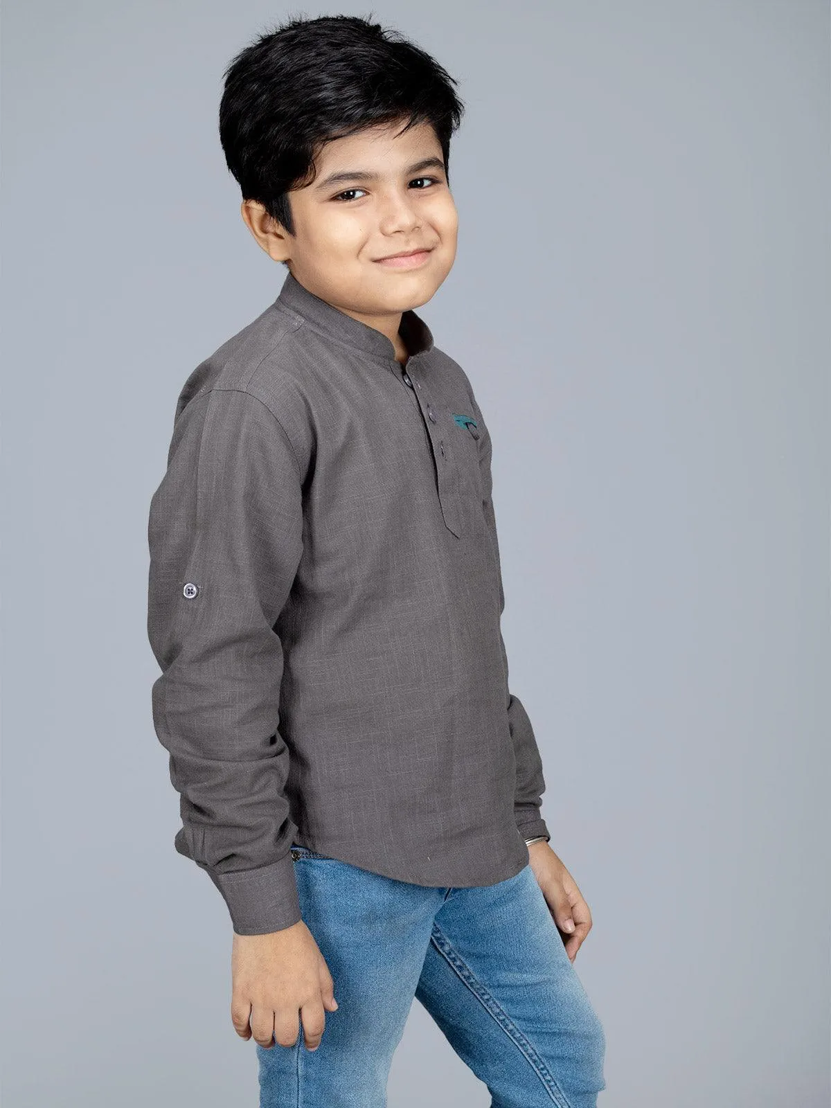 Gray Slab Cotton Boys Short Kurta