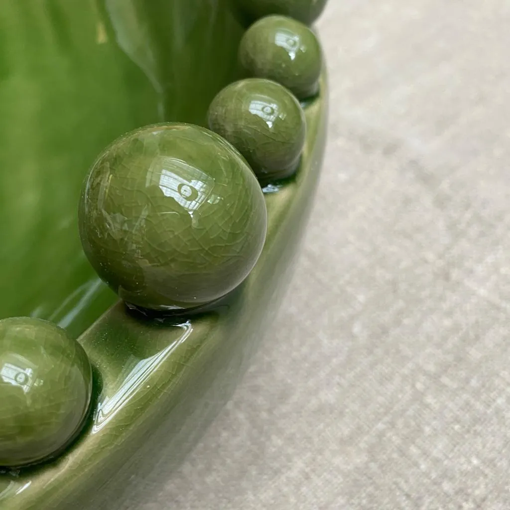 Large Green Ceramic Bowl with Bobbles on Rim
