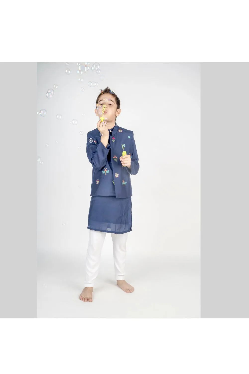 Navy Blue Cotton Kurta With Hand Embroidered Muslin Jacket Set