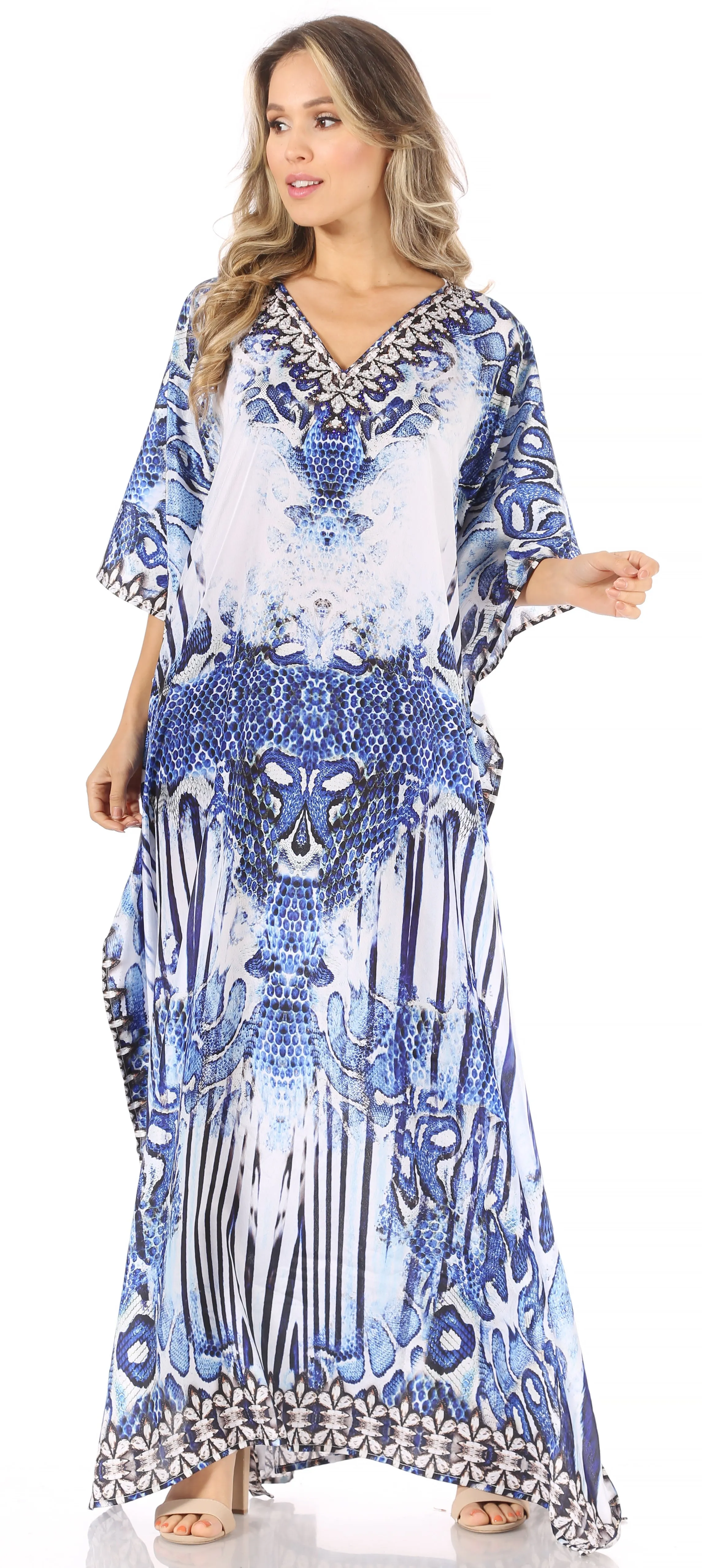 Sakkas Anahi Flowy Design V Neck Long Caftan Dress / Cover Up With Rhinestone