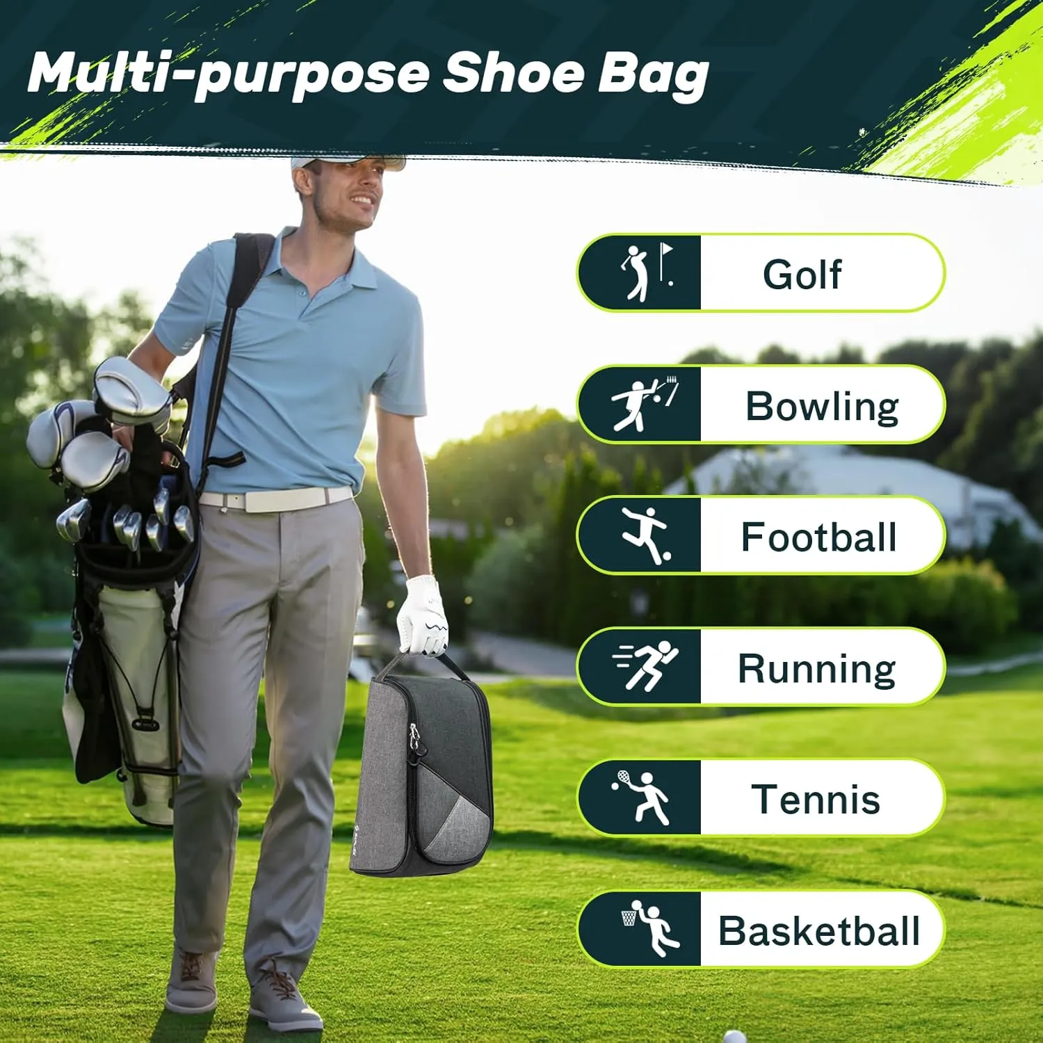 SAPLIZE Soft Padded Golf Shoe Bag, Sport Shoe Carrier Bag with Ventilation Holes, Breathable Shoe Storage Organizer Bag, Black