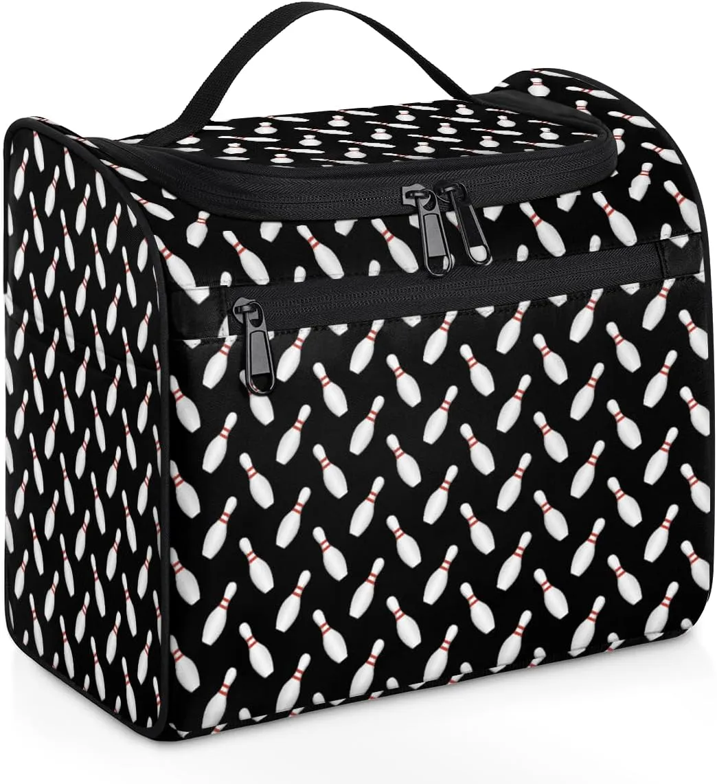 Sport Bowling Ball Large Travel Toiletry Bag for Women, Travel Organizer for Toiletries, Waterproof Makeup Cosmetic Bag with Handle, Black