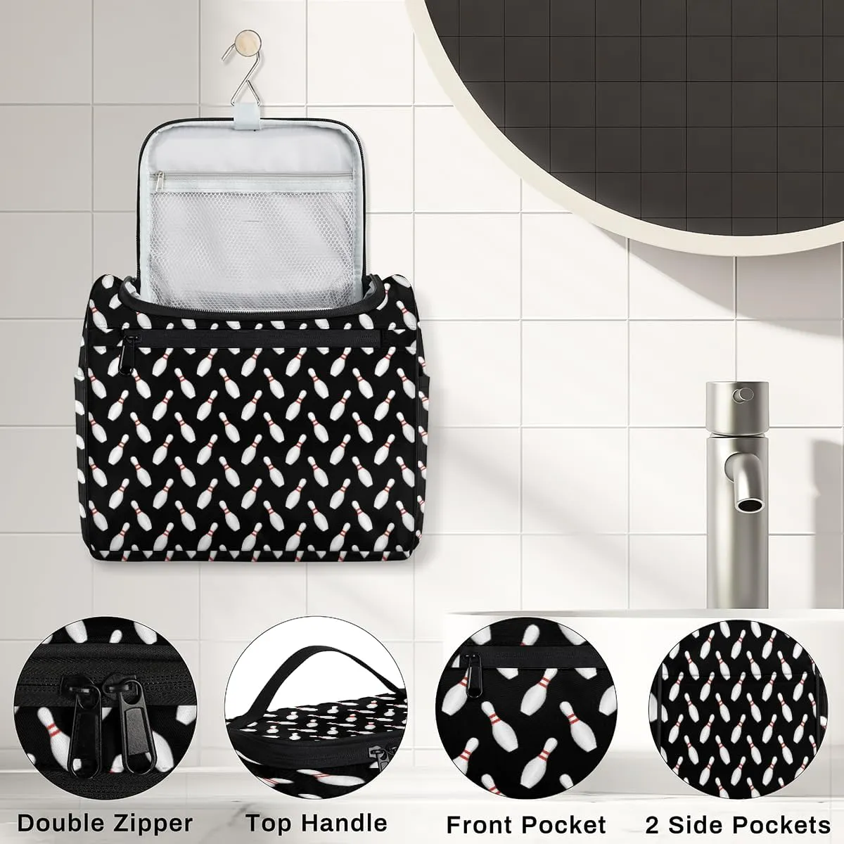 Sport Bowling Ball Large Travel Toiletry Bag for Women, Travel Organizer for Toiletries, Waterproof Makeup Cosmetic Bag with Handle, Black