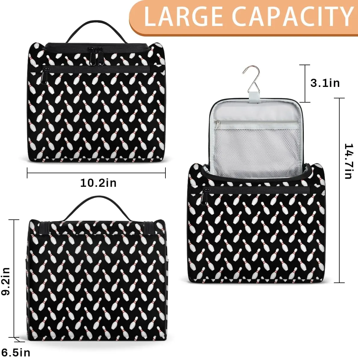 Sport Bowling Ball Large Travel Toiletry Bag for Women, Travel Organizer for Toiletries, Waterproof Makeup Cosmetic Bag with Handle, Black